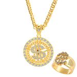 2 Pieces Gold Dollar Sign Ring and Gold Plated Necklace Chain with Dollar Sign Hip Hop Money Dollar Necklace for Rapper Hip Hop Jewelry Decoration Set for Men Woman Mardi Gras Carnival Party