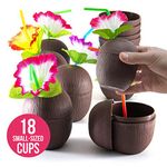 Prextex 18 Pack Mini Coconut Cups for Hawaiian Luau Kids Party with Hibiscus Flower Straws - Tiki and Beach Theme Party Fun Drink or Decoration Cups (250ml, 8.45oz)