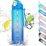 CodiCile 1L Water Bottle, Sports Water Bottle with Straw and Time Markings,Motivational Leakproof 1 litre Water Bottle with BPA Free Lid for Sports Gym Office Running (Blue Gradient)