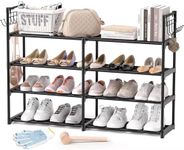 4-Tier Shoe Rack, Black Metal Shoe Racks, Stackable Shoe Shelf with Multifunctional Hooks, Hold 20 Pairs, Space Saving Shoe Rack, Shoes Rack for Closet,Show Rack