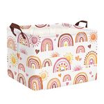 Clastyle Boho Pink Rainbow Kids Toy Storage Basket Rectangular Sun Heart Shelf Basket with Handle Clothes Books Toys Storage Box for Bedroom Kindergarten