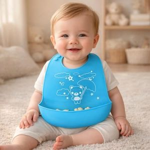BabyGo Silicone Baby Bib for Feeding & Weaning Infants & Toddlers |Waterproof, Washable & Reusable | Adjustable, Lightweight & Foldable Bib with Food Catcher Pocket |Light Blue (Pack of 1)