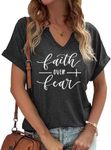 Faith Over Fear Shirt for Women Inspirational Graphic Tee Shirt Letters Printed Girls Casual T-Shirts Tops Tees, A-gray, Large