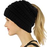 LEECCO Chic Black Knit Hat Cable Beanie Stretch Chunky Winter Bun Ponytail Beanie Tail Womens Ponytail Messy Bun Beanie Solid Ribbed Hat Cap for Women Girls