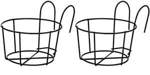 Ezzu Crafts Pack of 2 Round Metal Hanging Railing Planters,Hanging Railing Planter Flower Pot Holder Basket Iron Art Rack Fence Shelf Container for Balcony,Garden,Indoor and Outdoor (Black)