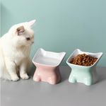 Navaris Raised Ceramic Cat Bowls (Set of 2) - Elevated Food and Water Bowl Pack for Cats - Cute Kitty Shaped Dishes with Ears - Dishwasher Safe - Green/Peach