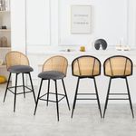 Bekrvio Bar Stools Set of 4, 360° Swivel Upholstered Barstools with Rattan Full Back and Metal Legs, PU Leather Seat, 29" Mid Century Modern Counter Stool Kitchen Island Bar Chairs, Grey