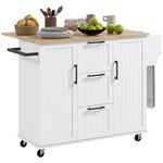 HOMCOM Kitchen Island with Drop Leaf, Rolling Kitchen Cart on Wheels with 3 Drawers, 2 Cabinets, Natural Wood Top, Spice Rack and Towel Rack, White