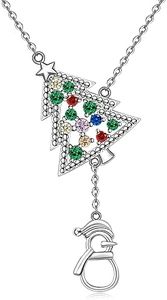 Fenthring Christmas Tree Snowman Necklace for Women Girls Sterling Silver Xmas Tree Gold Star Snow Colorful Crystal Fringe Sweater Necklace Holiday Pendant Jewelry Gift, Sterling Silver, Cubic Zirconia