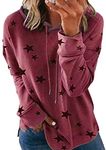 YMING Women Color Block Star Printed Hoodies Long Sleeve Drawstring Sweatshirt Oversized Hooded Shirts Tops Wine Red S