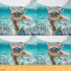 Feelyou Boys Girls Ocean Theme Waterproof Outdoor Fabric 1 Yard, Cute Cat Marine Life Upholstery Fabric for Chairs Sea Underwater World Fabric by The Yard Kids Beach Coastal Teens Reupholstery Fabric