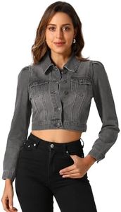 Allegra K Women's Cropped Jean Jacket Button Down Puff Sleeve Denim Jacket Black Gray Small