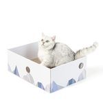 Conlun Cat Scratcher Box with Cat Scratching Board- Portable Cardboard Lounger for Feline Pet - Heavy-Duty Double-Sided Cardboard Cat Scratchers and Interactive Hole Design - Large - White