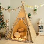 TreeBud Teepee Tent with Padded Mat Bunting Banner Fairy Lights - Print Gingham Kids Play Tent with Carry Bay for Indoor and Outdoor, Play House Toys for Toddler, Boys and Girls