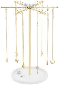 Kiiocwev Rotating Jewelry Stand Organizer, Metal Jewelry Tower with Wooden Base, 48 Hooks Necklace Holder for Necklaces Earrings Bracelets Rings, Space Saving Gift for Women, Room Dorm Decor