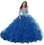 Wanshaqin Women's Heavy Beaded Sweetheart Ball Gowns Dresses Organza Ruffles Quinceanera Dresses for Sweet 16 Blue