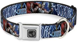 Dog Collar Seatbelt Buckle Avengers Thor Hammer Action Pose Galaxy Blues White 9 to 15 Inches 1.0 Inch Wide