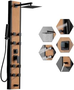 BWE Stainless Steel Shower Panel Tower System 8 Jets Multi-Function Shower Panel System Black and Bamboo Panel with Handheld Wand Wall Mount Shower Column