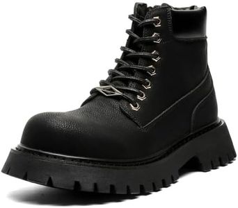 CrazySavage Men's Black Leather Lace-up Platform Combat Boots Wide Toe Side Zipper Chunky Heel Lug Sole Ankle Booties Comfort High Top Waterproof Biker Boots (12,Black D)