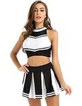 CHICTRY Women Adult Cheer Leader Uniform Cheerleading Dress Outfit Crop Top with Pleated Mini Skirt Black XXL