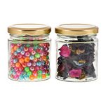 MACHAK Round Glass Jar Set of 2, Glass Container for Storage With Golden Color Lid, 200ml, Clear