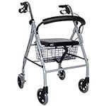 Days Lightweight Essentials Rollator, Folding Four Wheel Mobility Walker with Padded Seat, Back Support, Mobility Aid Seat Basket, Silver Grey