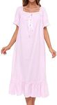 Lu's Chic Women's Victorian Nightgown Cotton Sleepwear Long Loungewear Short Sleeve Vintage, B-pink, Small