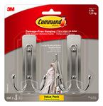 Command Large Wall Hooks, Damage Free Hanging Wall Hooks with Adhesive Strips, No Tools Double Wall Hooks for Hanging Decorations in Living Spaces, 2 Brushed Nickel Plastic Hooks and 2 Command Strips