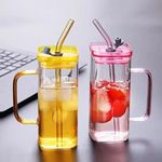 HARKNOX Random Colour Squre Glass Sipper Tumbler Tea Coffee Can with Acrylic Lid and Straw - 400ml - Pack of 2 - Fruit Milk Juice Cup Mason Jar Beer Can Glasses Mug Milk Shake Chocolate Beverages