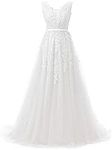 Huifany Women's V Neck Lace A-line Empire Long Formal Evening Dress Prom Gown, White, 16