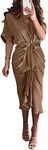 BTFBM 2024 Women Button Down Ruched Shirt Dresses Short Sleeve Lapel V Neck Elegant Party Spring Summer Maxi Satin Dress(Short Sleeve Dark Khaki, Medium)