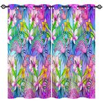 ANHOPE Flamingo Curtains Eyelet 80% Blackout Room Darkening Curtains with Neon Tropical Botanical Flower Print Pattern Light Blocking Window Drapes for Bedroom Living Room 46 x 63 Inch Drop 2 Panels