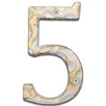 5.5 Inch High Home Address House Numbers- Unique Cast Iron Metal Mailbox Number/Letters for Outside or Front Door, Handmade Gold & White Finish (Number 5)