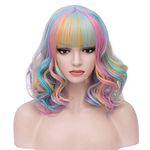 BERON 14 Inches Rainbow Wig Short Curly Wig Women Girl's Synthetic Wig Rainbow Wig with Bangs Wig Cap Included