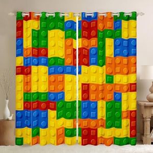 Feelyou Colorful Toy Printed Curtains for Bedroom Living Room Building Window Drapes Fun Brick 3D Design Window Curtains Kids Living Room Window Treatment Panels(2 Panels, 52 x 63 Inch)