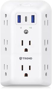 TROND USB C Surge Protector Outlet Extender, 8 Widely-Spaced Wall Plug Expander, 3 USB Splitter (1 Type C), Multi Plug Outlet with Switch, 3 Sided Small Power Adapter for Dorm Room, Kitchen, Bathroom