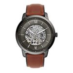 Fossil Men's Neutra Automatic Stainless Steel and Leather Three-Hand Skeleton Watch, Color: Smoke, Amber (Model: ME3161)