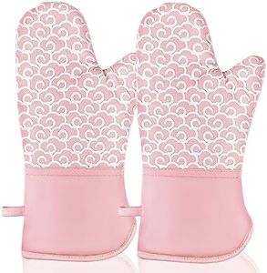 NAVITHOUS Extra Long Oven Mitts,High Heat Resistant 500 Degree Oven Gloves with Soft Cotton Lining and Non-Slip Silicone, Perfect for BBQ, Baking, Cooking and Grilling (Pink)