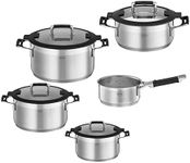 RÖSLE Silence Pro 5-Piece Universal Pot Set with 3 Cooking Pots, 1 Stewing Pot and 1 Saucepan, 18/10 Stainless Steel, Glass Lid, Inner Scale, Induction and Dishwasher Safe