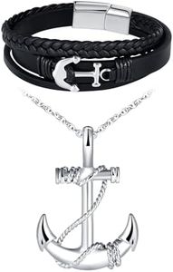 INFINIONLY Men's Stainless Steel Anchor Necklaces and Bracelets Jewellery Sets Fashion Chains with Anchor Pendant Classic Multilayer Braided Leather Bracelet with Anchor for Boys