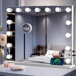 Vanity Mirror with Led Lights: 15 Bulbs 23 x 18 Inch Hollywood Makeup Mirror with Detachable 10X Magnification for Bedroom Tabletop or Bathroom Wall-Mounted, White