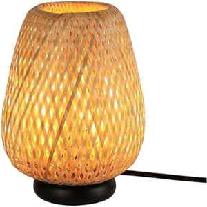 Lámpara de Mesa Pantalla de Mimbre Bambú Ratán Natural Estilo Nórdico Vintage Madera con Portalámparas Negra E27 LED para Dormitorio Mesita de Noche Salón