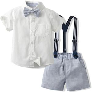 Yaopelky Toddler Boy Summer Gentleman Outfits Short Sleeve Shirt with Bowtie Suspender Shorts Suit 1-8 Years (Blue, 1-2 Years)