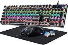 Typewriter Mechanical Gaming Keyboard and Mouse Combo, Rainbow LED Backlit Wired Keyboards with Blue Switches Round Keycaps Media Control Knob for PC Computer