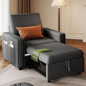 YITAHOME Convertible Sofa Chair Bed, 3-in-1 Sleeper Sofa with Pull-Out Bed, Linen Fabric Single Sleeper Chair with Reclining Backrest and Wide Armrest, Modern Lounge Chair for Small Space, Grey