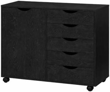 Naomi Home 5-Drawer Dresser with 2-Shelf Cabinet, Distressed Black, Smart Storage with Adjustable Dividers, Lockable Casters & Smooth Slides; Multi-Use Rolling Storage for Office, Craft Room, Bedroom