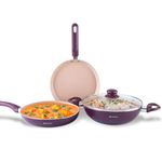 Wonderchef Milano Non-Stick Cookware 4 Pc Set | Dosa Tawa, Fry Pan, Kadhai for cutlets, curries, dosas | PFOA Free | Virgin Aluminium | Energy Efficient | Dishwasher Safe | 2-Year Warranty | Burgundy