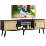 FIONESO Rattan TV Stand for 65 Inch TV, TV Bench, Entertainment Center TV Console with 2 Cabinets & Shelf, Media Console, Rattan Cabinet for Living Room, Natural + Black