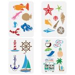 FINGERINSPIRE 4Pcs Aquatic Animals Seashells Nautical Beach Holiday Theme Big Stencils 21x29.7cm Lobster Anchor Coconut Tree Lighthouse Painting Large Stencil Summer Ocean Theme Spraying Templates