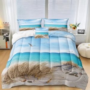 MOVE OVER Blue Ocean Comforter Set King Size Coastal Bedding Set 3 Pcs Beach Themed Comforter Set White Seagull and Seaside Rocks Seascape Ocean Bedding Sets